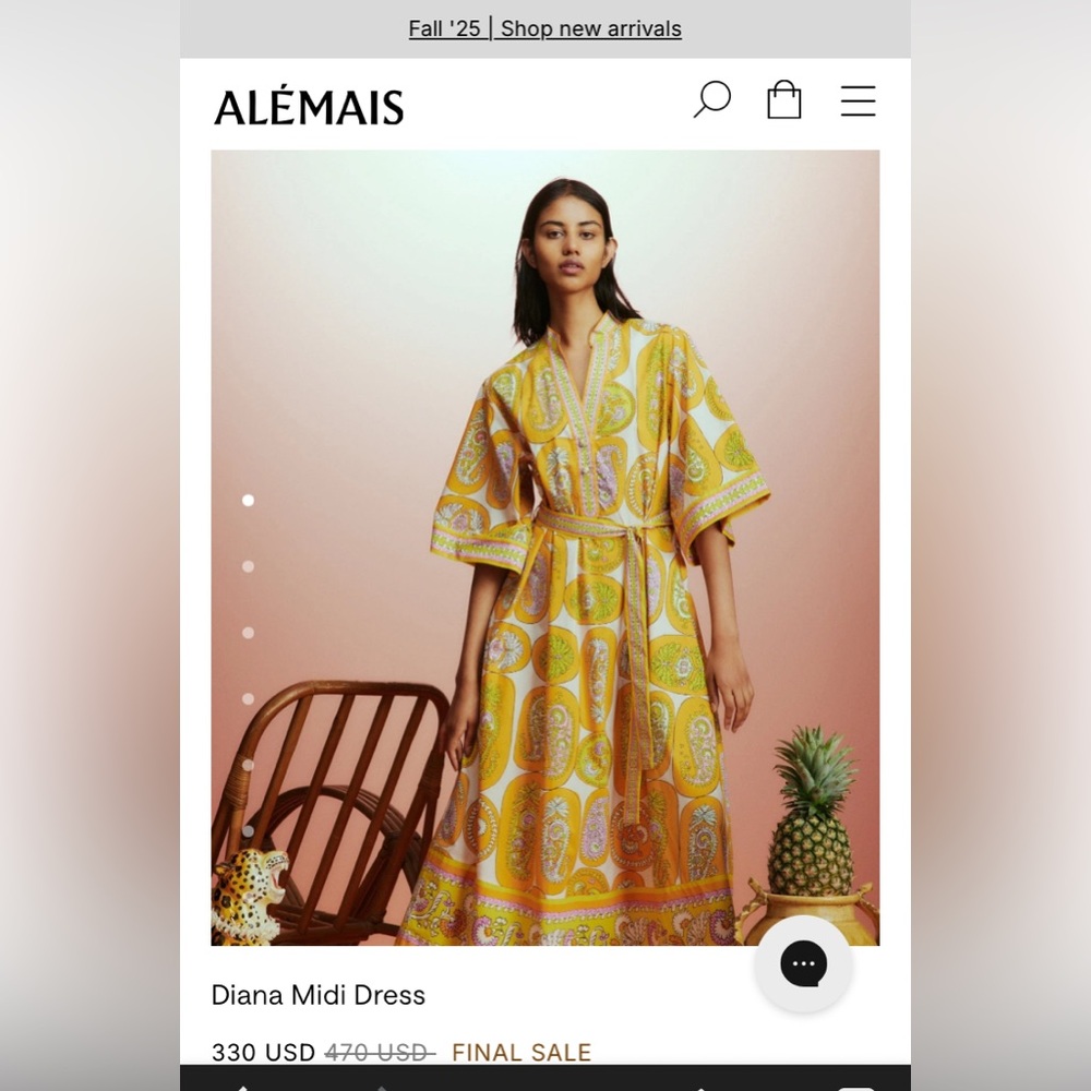 Alémais Diana Dress (Yellow Paisley Kaftan/Midi dress in cotton poplin)